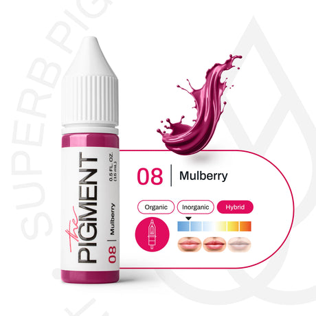 The Pigment 08 Mulberry pigment in a 15ml container, used for permanent makeup and cosmetic tattooing.