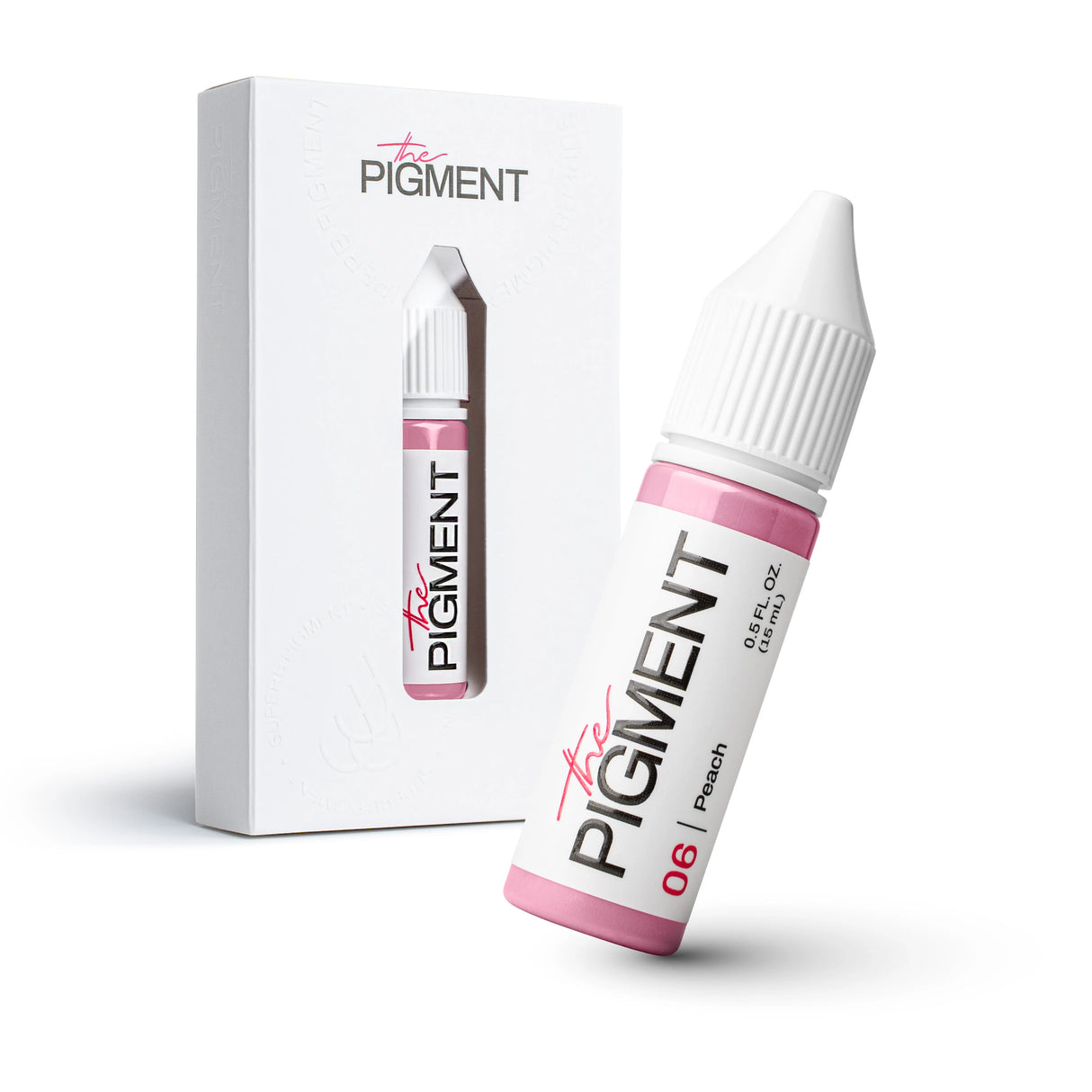 Peach pigment in a 15ml bottle from The Pigment, shown with vibrant peach-colored liquid for permanent makeup or cosmetic use.