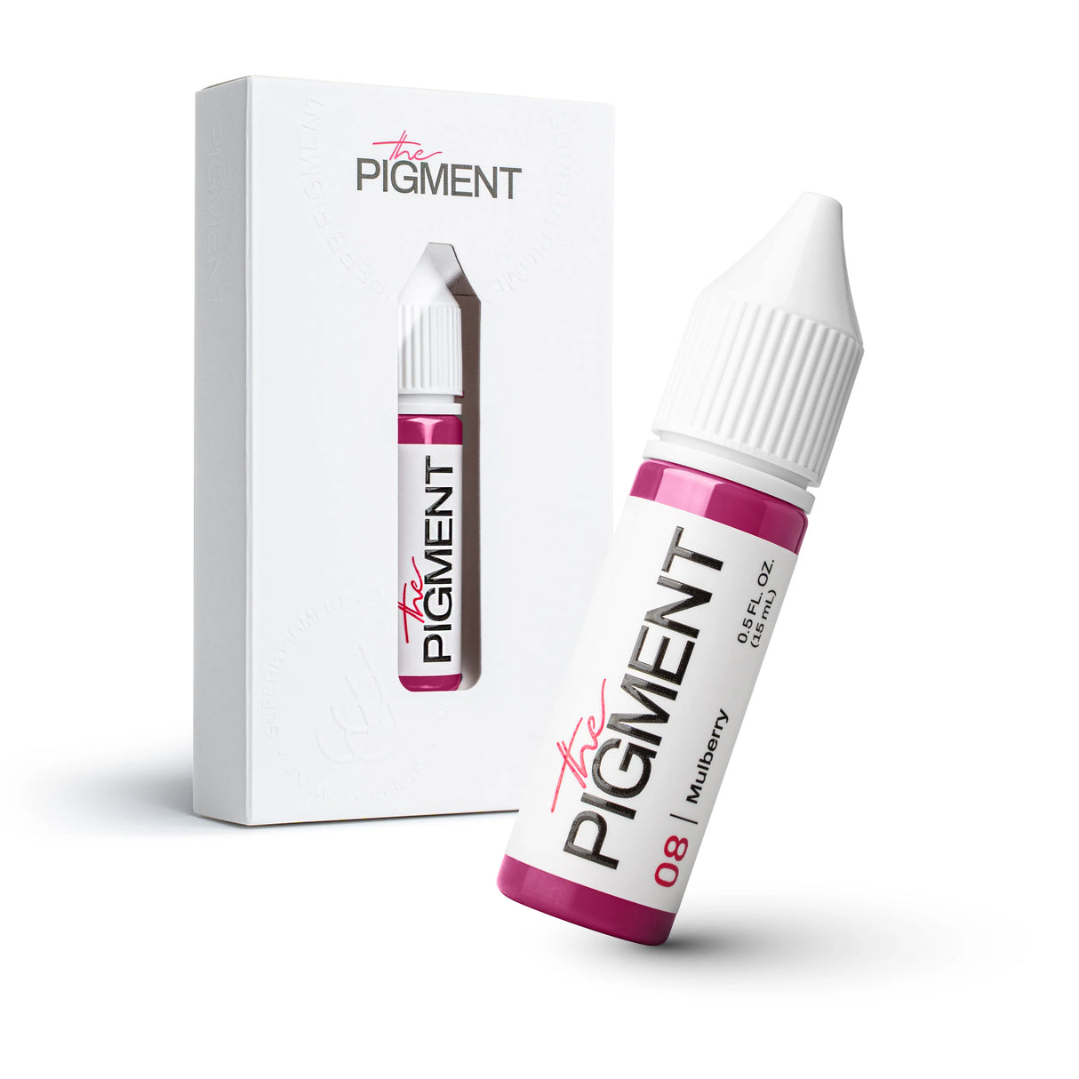 The Pigment 08 Mulberry pigment in a 15ml bottle, used for permanent makeup or cosmetic tattooing, with a deep mulberry color.
