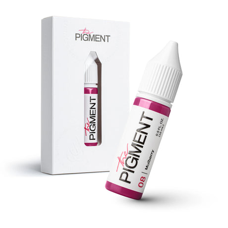 The Pigment 08 Mulberry pigment in a 15ml bottle, used for permanent makeup or cosmetic tattooing, with a deep mulberry color.