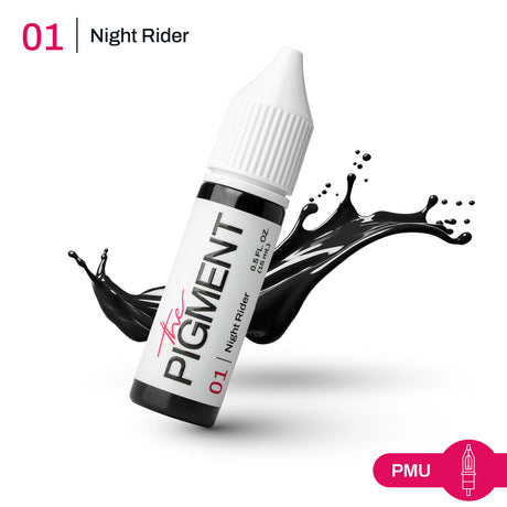 The Pigment 01 Night Rider pigment 15ml bottle from The Pigment with a black cap and clear label, displayed against a white background.