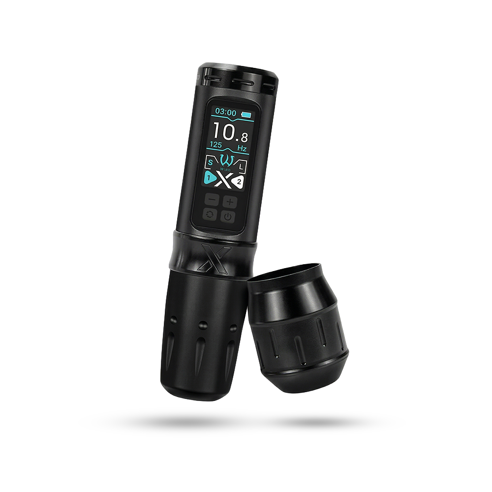 Wireless AVA UNI-X tattoo pen machine with ergonomic design and sleek black finish, ready for professional tattooing.
