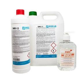 HIGĖJA Antibacterial Soap SMD-11 in 500ml, 1L, or 5L bottle, showing clear liquid soap with pump dispenser.