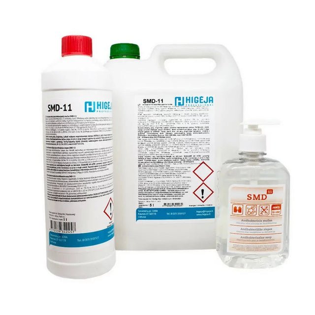 HIGĖJA Antibacterial Soap SMD-11 in 500ml, 1L, or 5L bottle, showing clear liquid soap with pump dispenser.