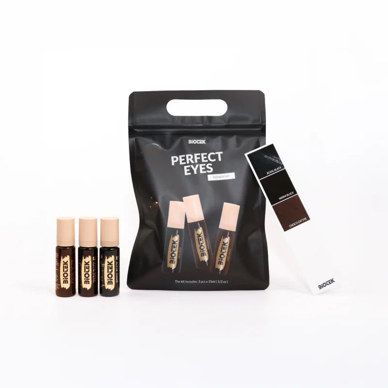 Biotek Perfect Eyes Pigment Kit with three 15ml bottles of eye pigmentation products in a sleek container.