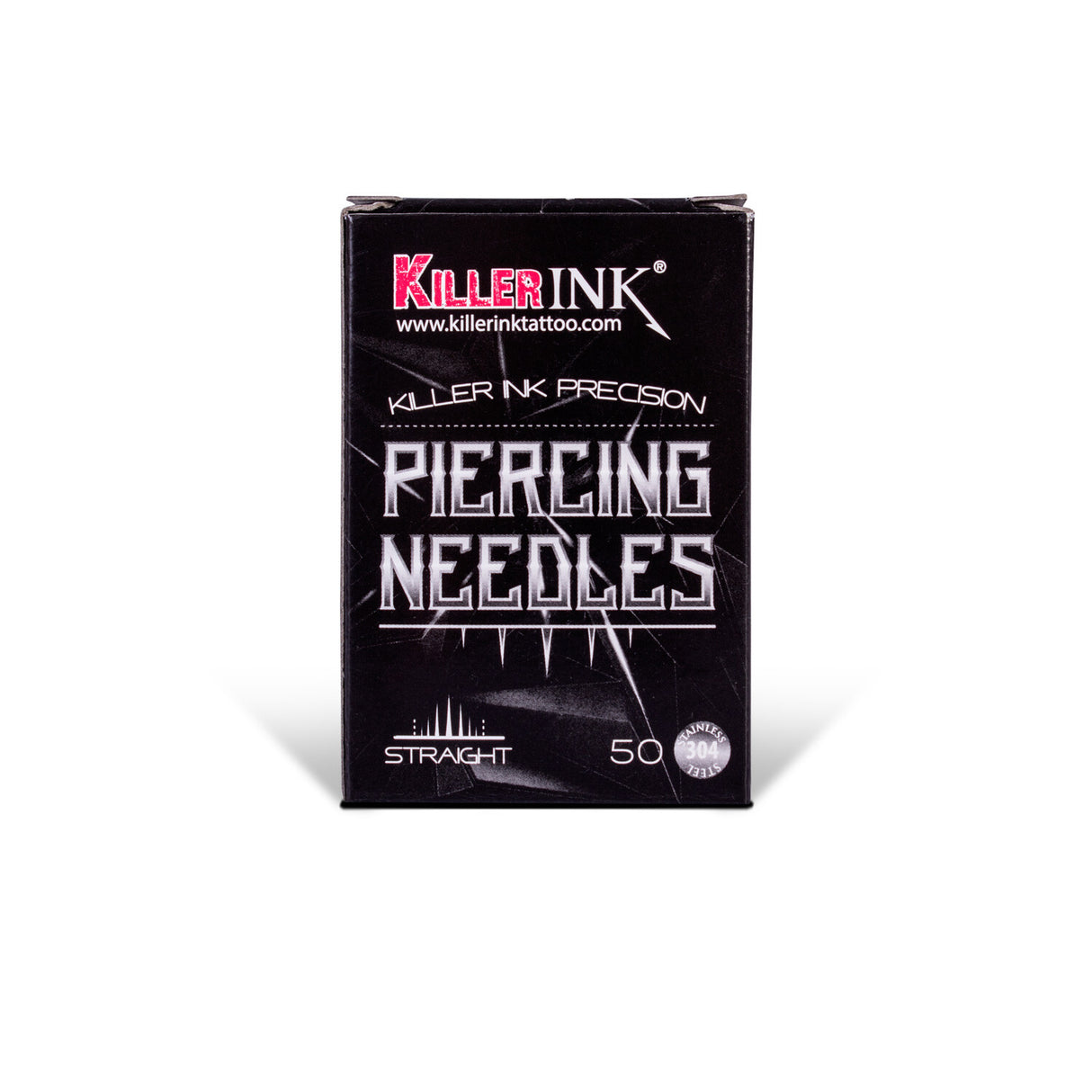 Box of Killer Ink Precision Straight Piercing Needles arranged neatly for professional body piercing procedures.