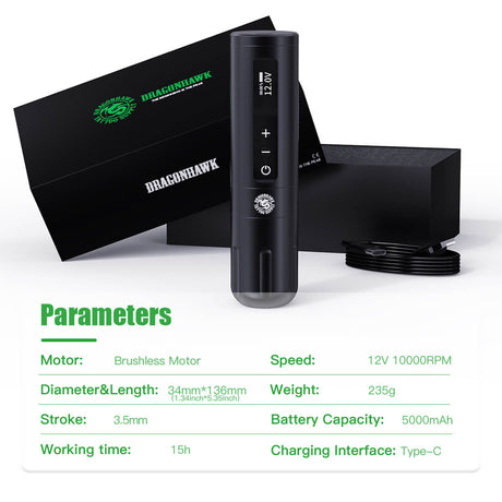 Wireless Dragonhawk Mast X10 Tattoo Pen with ergonomic grip and sleek design for precise tattooing.