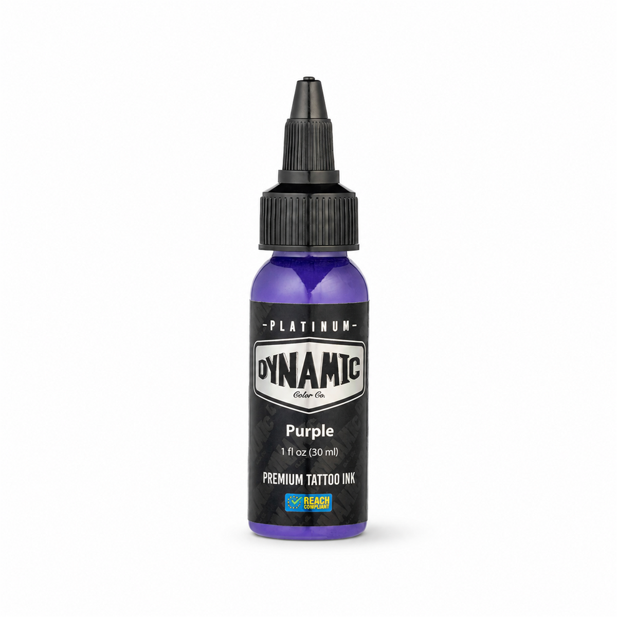 Φιάλη μελανιού τατουάζ Dynamic Platinum Purple 30ml σε λευκό φόντο με απαλή φυσική σκιά