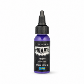 Φιάλη μελανιού τατουάζ Dynamic Platinum Purple 30ml σε λευκό φόντο με απαλή φυσική σκιά