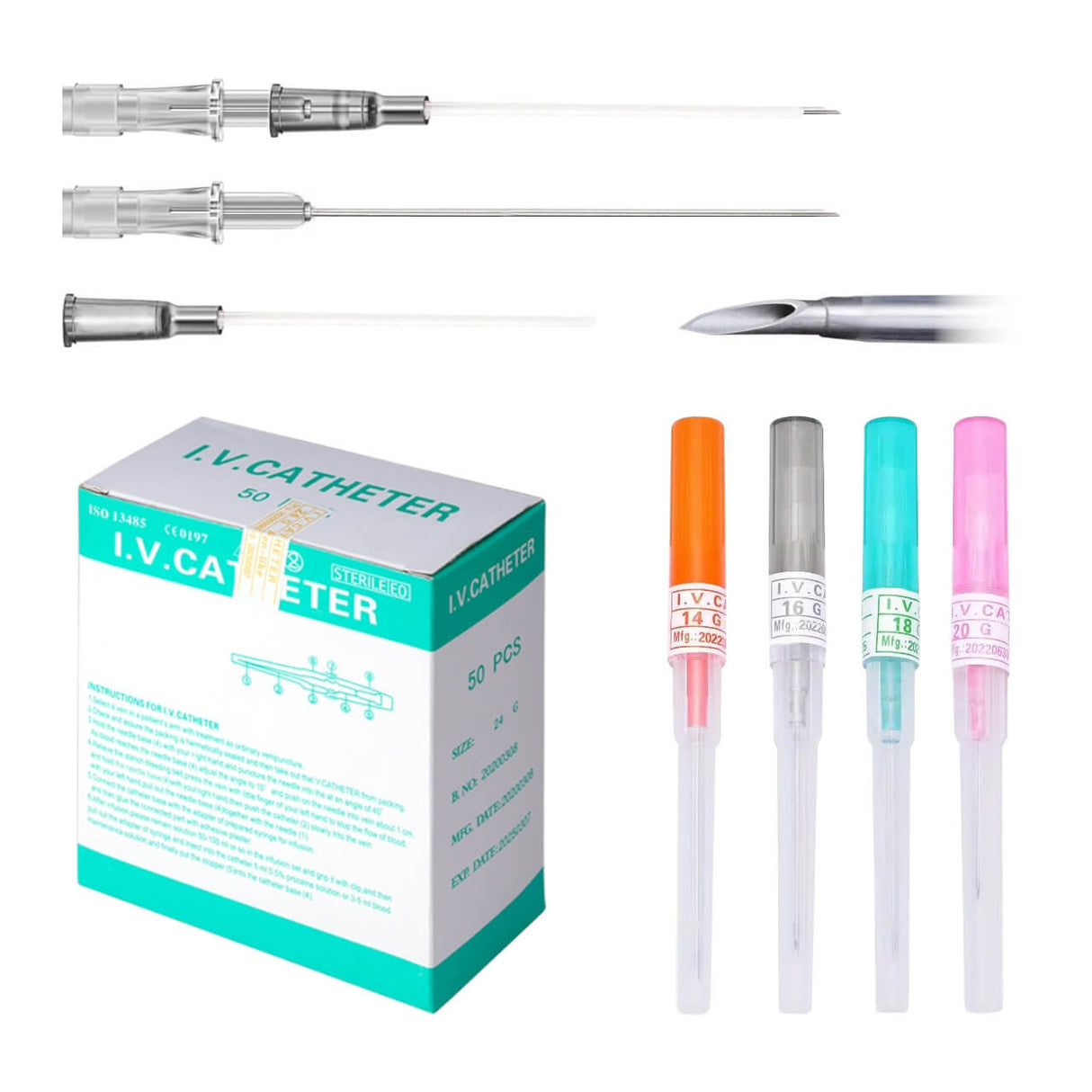 Sterilized BVShop I.V. catheter piercing needle for single use, shown in a box of 50 sterile medical needles.