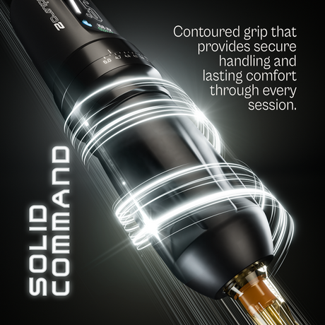Equaliser Enduro2 wireless tattoo machine with ergonomic design and sleek black finish, ready for precise tattooing.