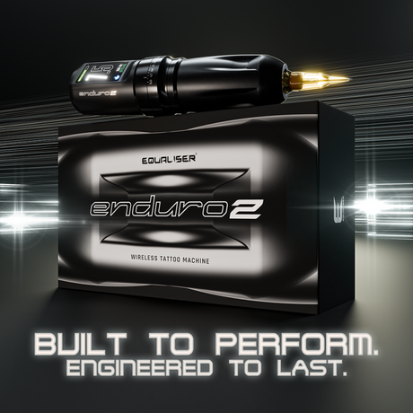 Equaliser Enduro2 wireless tattoo machine with sleek black design and ergonomic grip for professional tattooing.