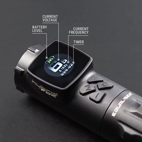 Wireless tattoo machine by Equaliser Hybrid Fox with ergonomic design and adjustable needle for precise tattooing.