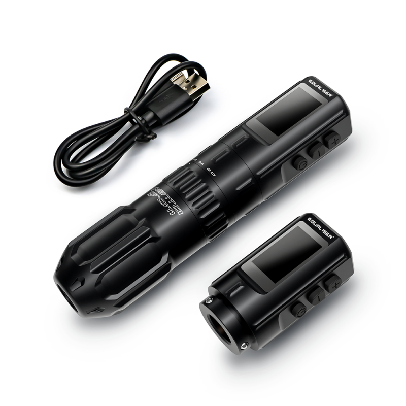 Equaliser Pentagram wireless tattoo machine with sleek black design and ergonomic grip, ideal for professional tattoo artists.