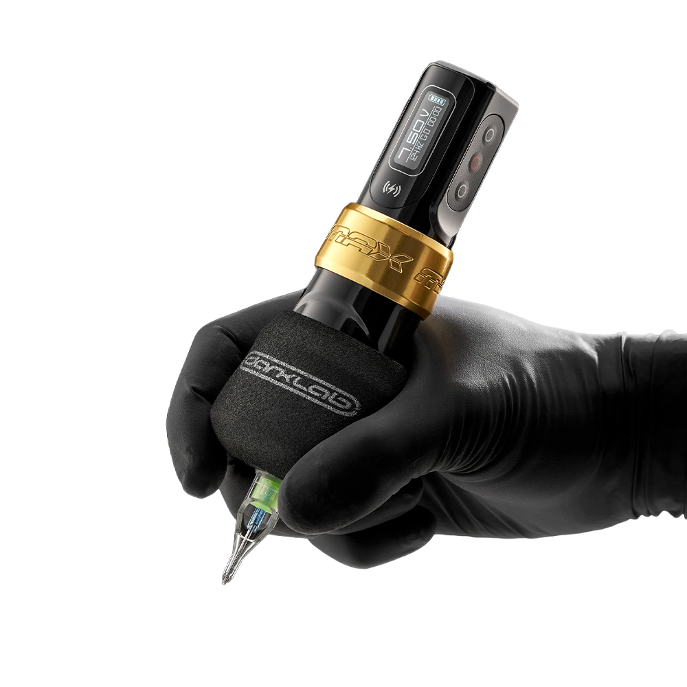 FK Irons Ergo disposable foam grip covers shown in the image, designed for comfortable, hygienic handling during tattoo sessions.