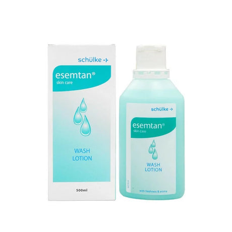 Schülke Esemtan Wash Lotion in 500ml and 1000ml bottles, gentle skin cleanser with a clear liquid appearance.