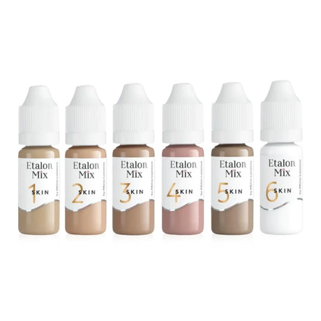 Etalon Mix camouflage skin pigment set with six 10ml bottles of skin-tone pigments for cosmetic tattooing and microblading.
