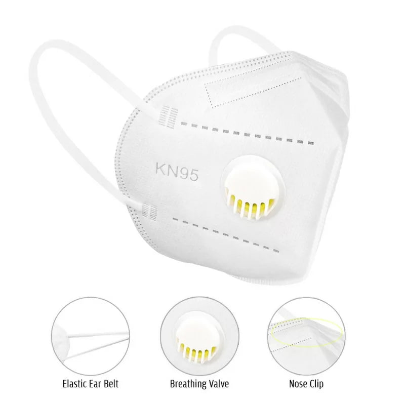 KN95 face mask respirator with valve, 4-layer protective mask by BVShop, showing the mask's design and valve feature.
