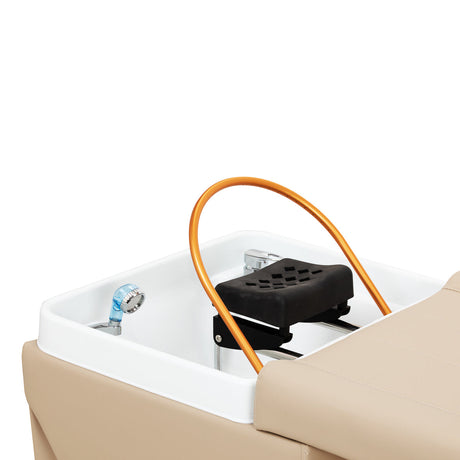 Gabbiano Head Spa Maldives hair washing bed in beige, designed for comfortable hair treatments and relaxation.