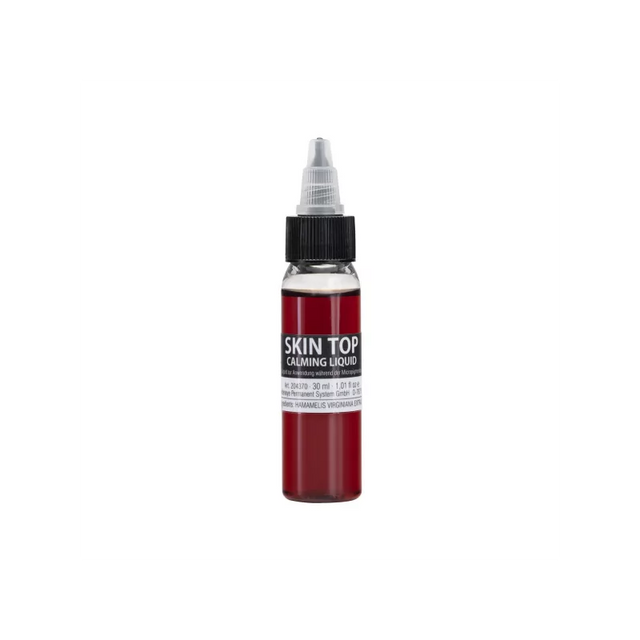Goldeneye Skin Top Calming Liquid in a 30ml bottle, featuring clear liquid with a white cap, designed for soothing skin.