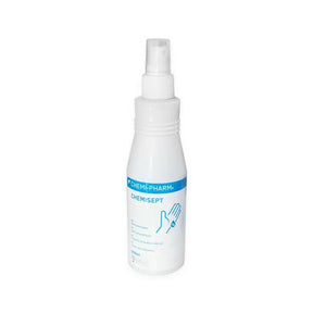 Chemi-Pharm Chemisept hand and skin disinfectant in 250ml or 1000ml bottles, showing the disinfectant liquid and packaging.