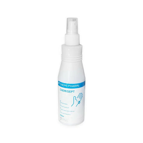 Chemi-Pharm Chemisept hand and skin disinfectant in 250ml or 1000ml bottles, showing the disinfectant liquid and packaging.