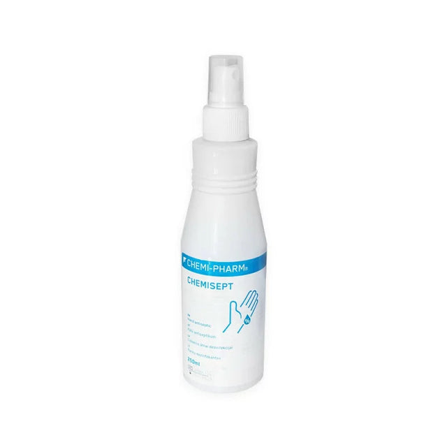 Chemi-Pharm Chemisept hand and skin disinfectant in 250ml or 1000ml bottles, showing the disinfectant liquid and packaging.