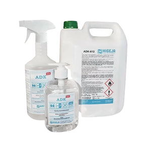 HIGĖJA ADK-612 hand disinfectant in 500ml, 1L, and 5L bottles, clear liquid sanitizer for hand hygiene and disinfection