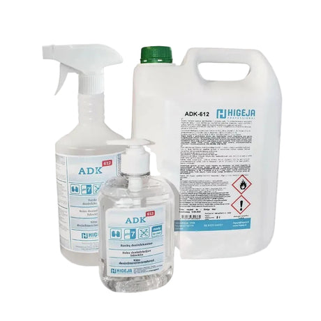 HIGĖJA ADK-612 hand disinfectant in 500ml, 1L, and 5L bottles, clear liquid sanitizer for hand hygiene and disinfection