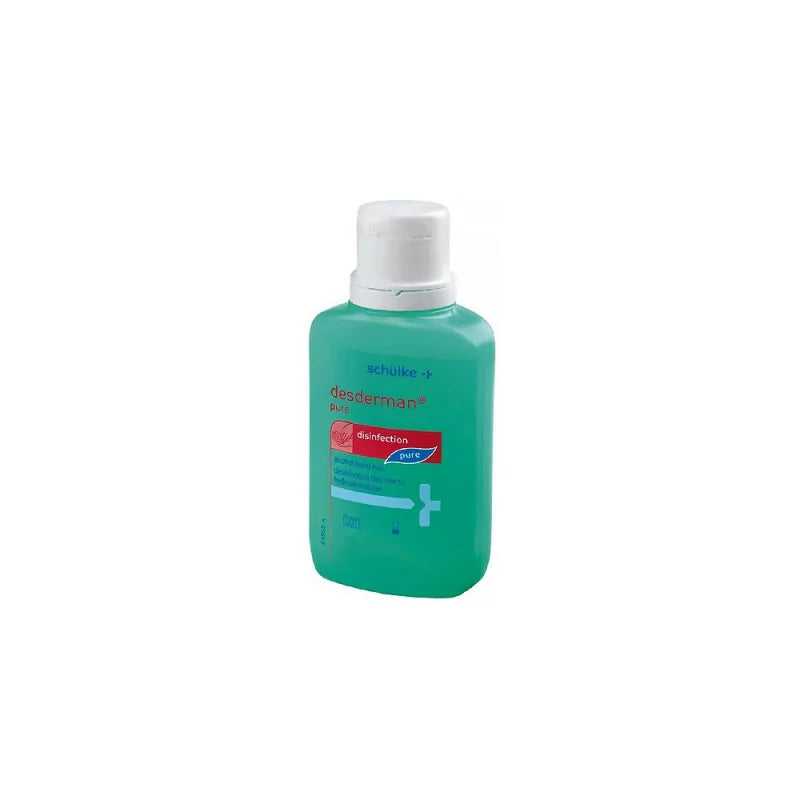 Schülke Desderman Pure hand disinfectant in a 100ml or 1000ml bottle, shown with a pump dispenser and clear label.
