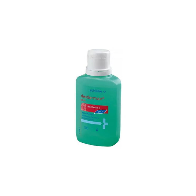 Schülke Desderman Pure hand disinfectant in a 100ml or 1000ml bottle, shown with a pump dispenser and clear label.