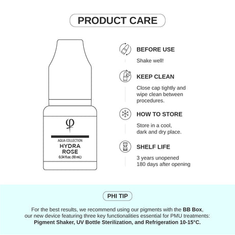 PhiAcademy PMU Aqua Hydra Rose Pigment 10ml — product care and storage