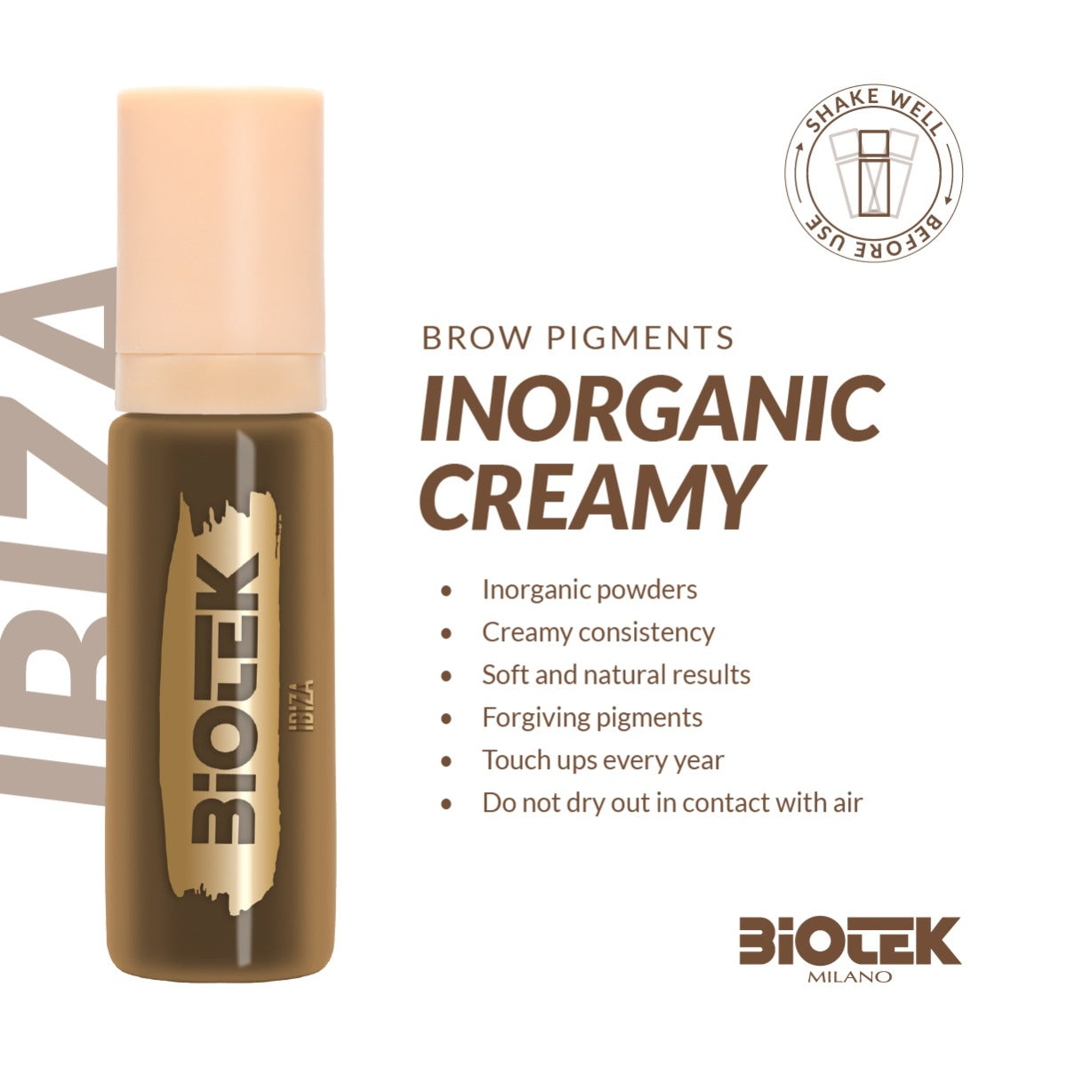 Biotek Ibiza Pigments 15ml bottle with vibrant colorful pigments in clear container, close-up view of the product.