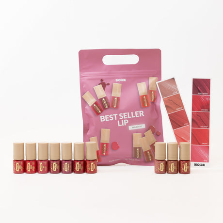 Open Biotek Lip Kit with ten 5ml lip glosses in various shades, displayed on a neutral background.