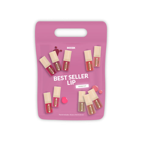 Biotek Lip Kit with ten 5ml lip glosses in various shades, displayed in a sleek, organized set.