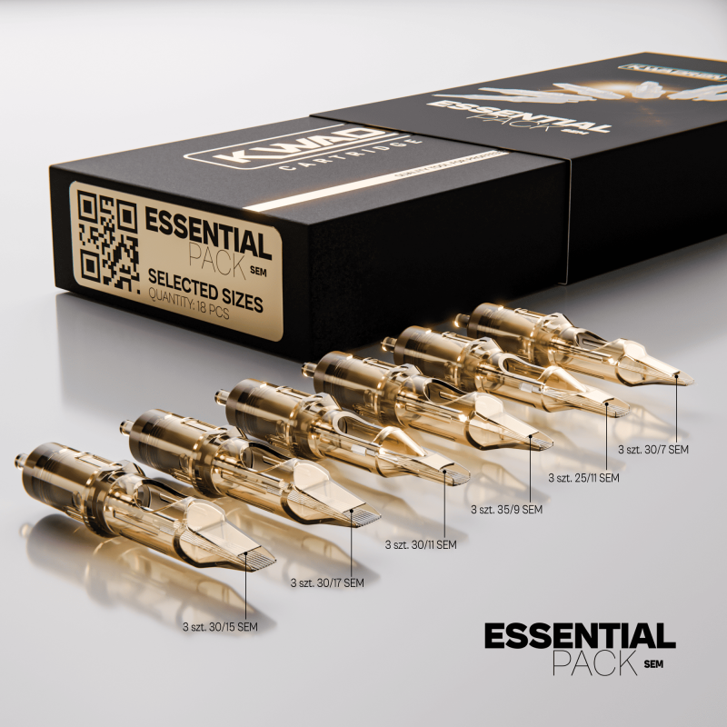 Kwadron Cartridge System SEM Essential Pack with 18 cartridges for tattoo machines, featuring various needle configurations.