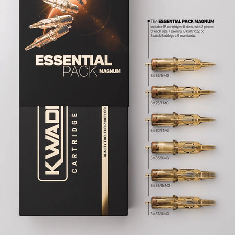 Kwadron Magnum Essential Pack with 18 cartridges, compatible with various vaping devices, displayed in a clear, organized set.