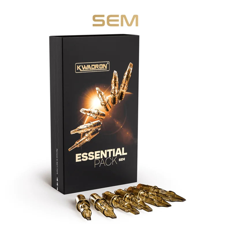 Kwadron Cartridge System SEM Essential Pack with 18 black tattoo cartridges for professional tattoo machines.
