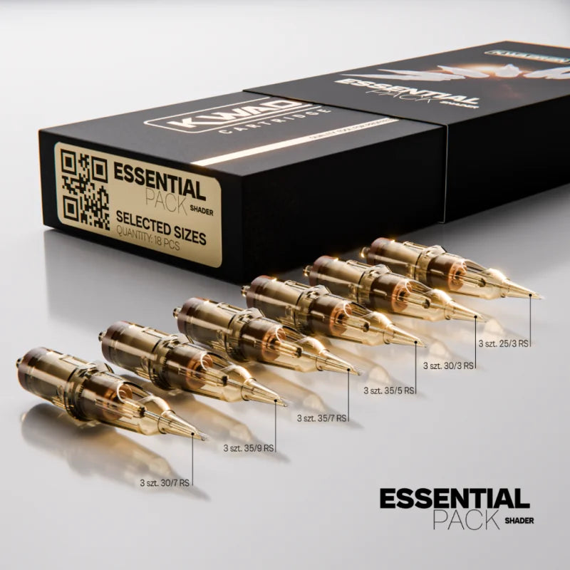 Kwadron Cartridge System Shader Essential Pack with 18 tattoo cartridges in black and transparent, shown in a clear display.