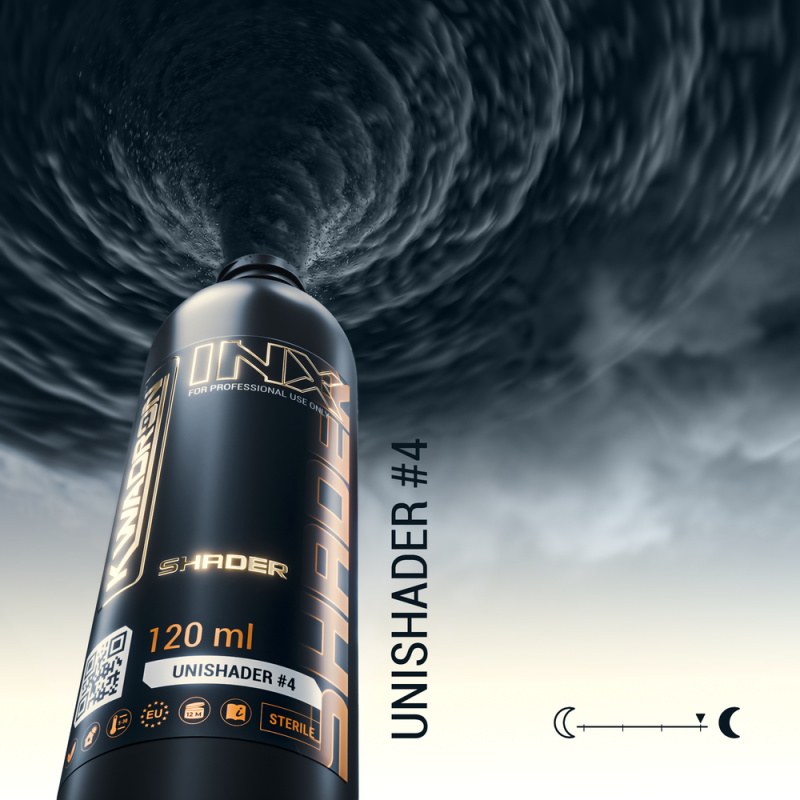 Kwadron INX UniShader #4 tattoo pigment in 120ml bottle, showcasing the smooth, dark ink used for shading in tattoo artistry.