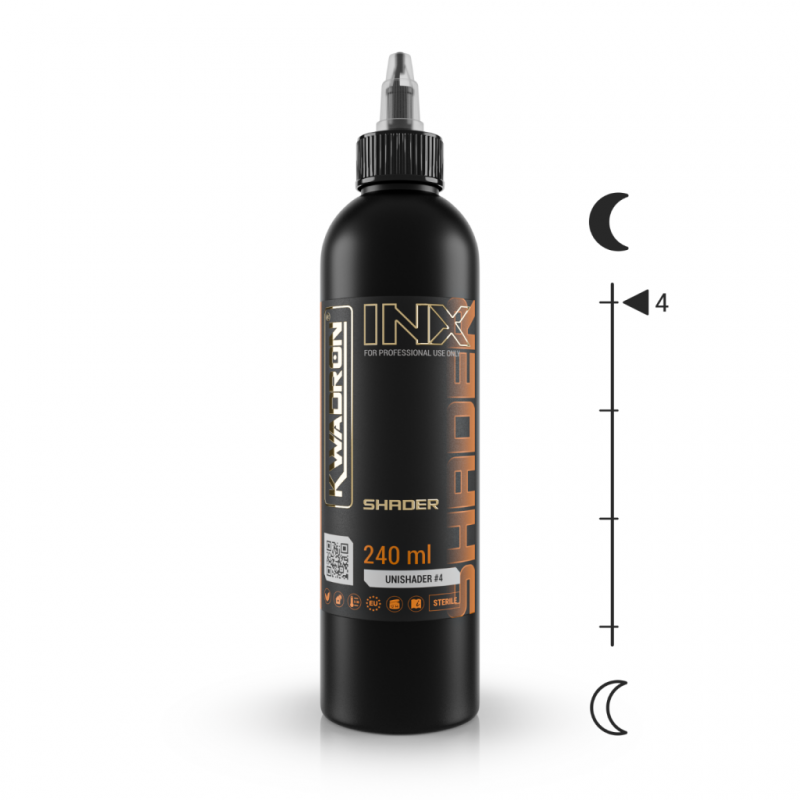 Kwadron INX UniShader #4 tattoo pigment in 240ml bottle, dark gray ink for professional tattooing applications