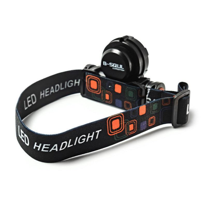 BVShop LED headlamp with built-in battery, showing adjustable straps and bright front light for outdoor activities and nighttime use.