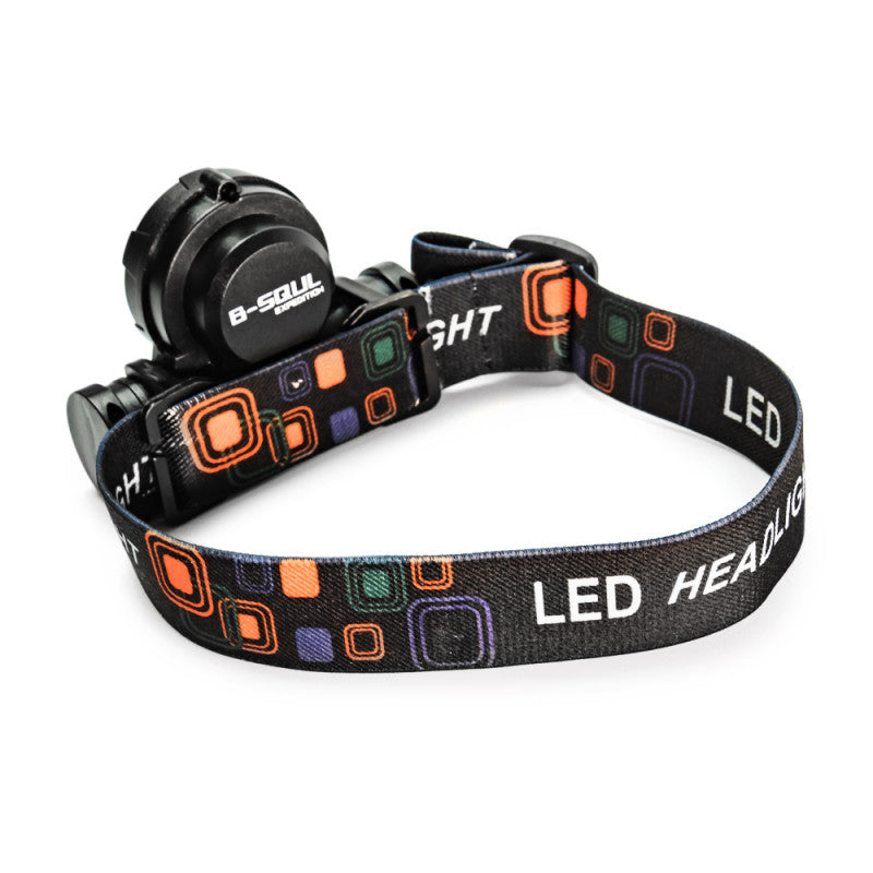 BVShop LED headlamp with built-in battery showing adjustable straps and bright LED light for outdoor activities.