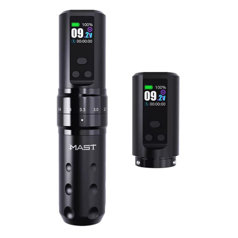Mast Fold 2 Pro Wireless Tattoo Machine with adjustable grip and compact design, shown with needle and coil components.
