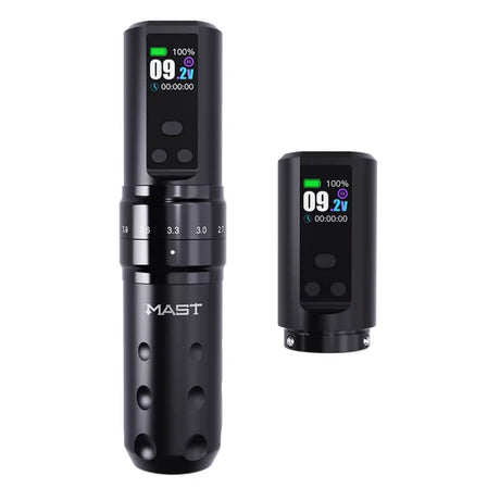 Mast Fold 2 Pro Wireless Tattoo Machine with adjustable grip and compact design, shown with needle and coil components.
