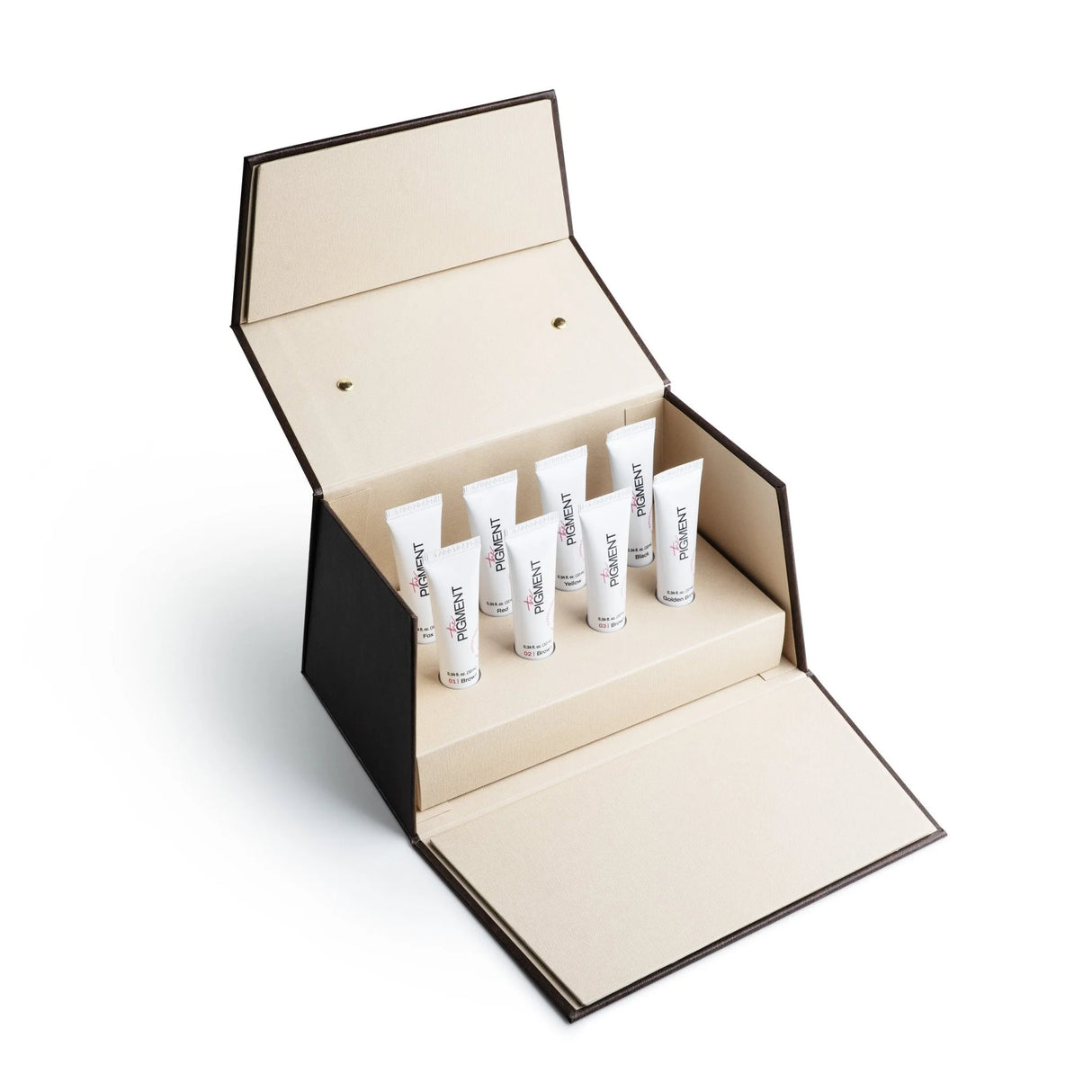 The Pigment Microblading Pigments Collection with 8 bottles of 10ml each, featuring a variety of shades for semi-permanent eyebrow tattooing.
