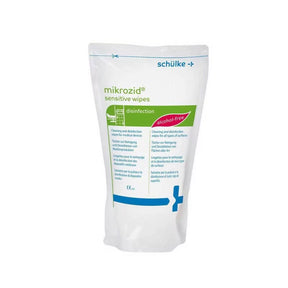 Schülke Mikrozid AF Jumbo Sensitive wipes refill box with 200 sheets, alcohol-free disinfectant wipes for sensitive skin.