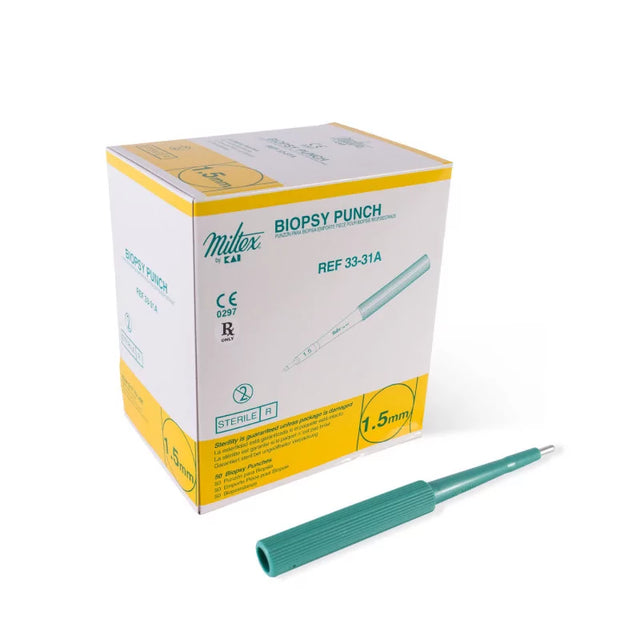 Miltex sterile dermal biopsy punch with 1.5mm diameter, used for precise skin tissue sampling, shown in the image.