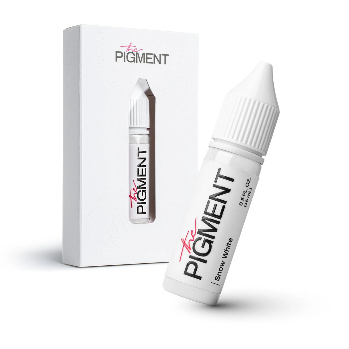 The Pigment Snow White Corrector Pigment 15ml bottle with white liquid inside, used for color correction and makeup applications.