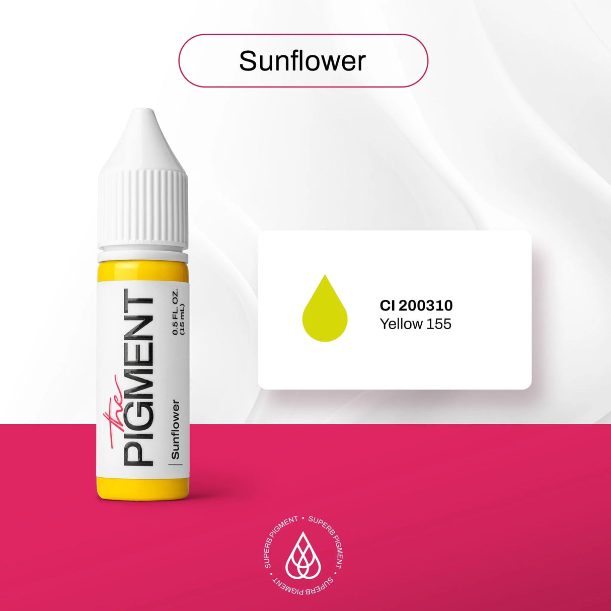 The Pigment Sunflower Corrector Pigment 15ml bottle with sunflower-colored liquid for skin tone correction and color balancing.